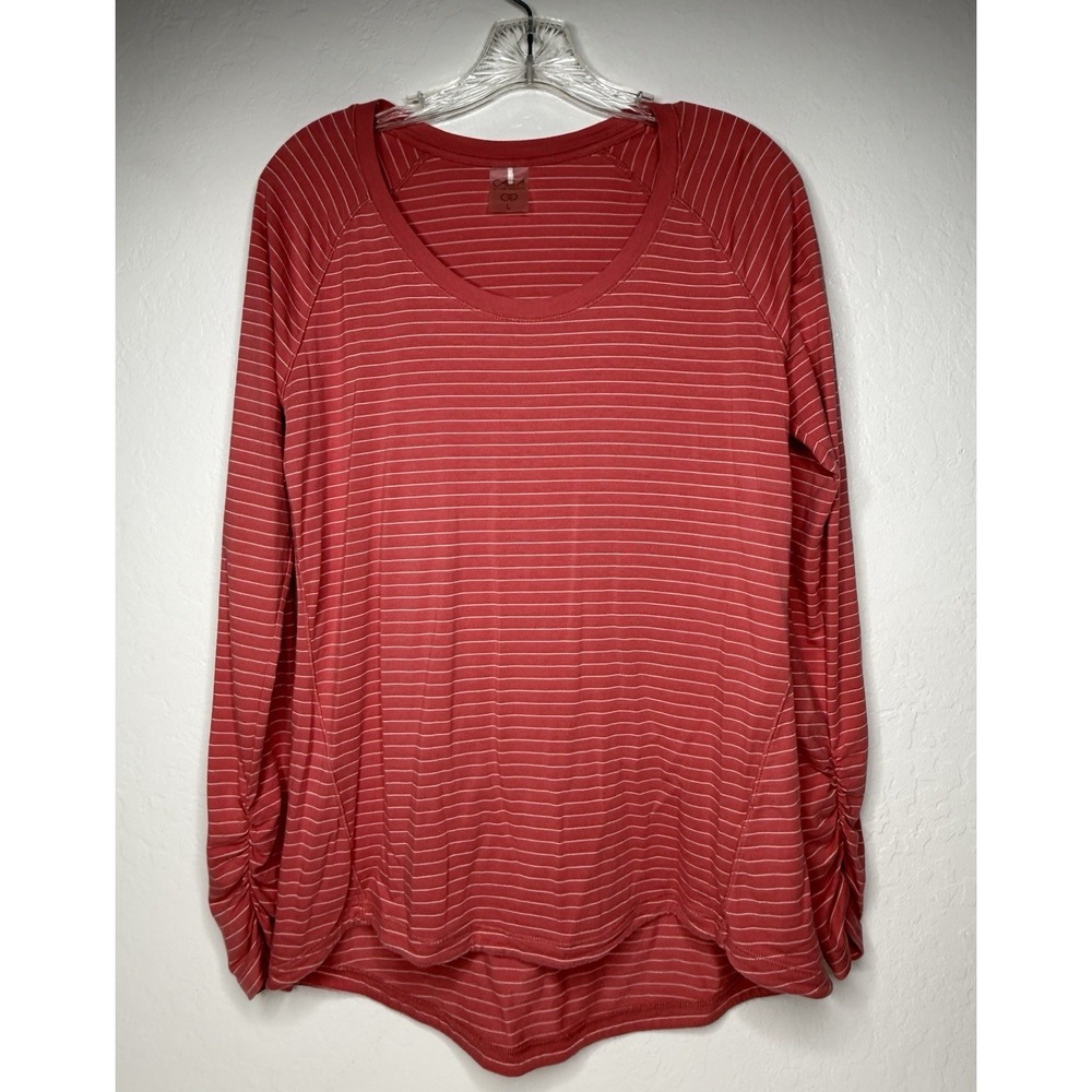 CALIA Carrie Underwood Tee Long Sleeve Womens Size L Pink Striped Ruched‎ Arms